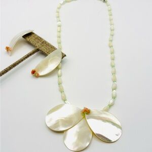 Mother of Pearl Necklace and Pierced Earrings with Coral and Jade accents